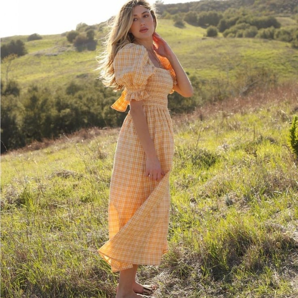 Rahi Anthropologie Cottagecore Gingham Tie-Back Midi Dress in Yellow - Size L